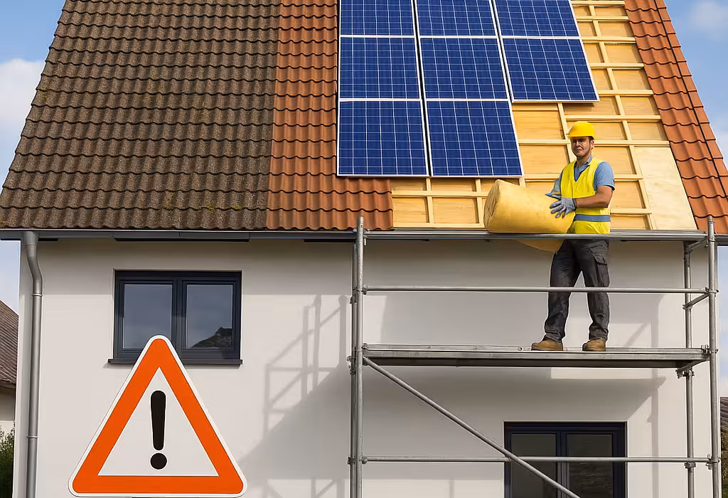 Einfamilienhaus mit teilsaniertem Dach – alte und neue Dachziegel, Solarpaneele, Bauarbeiter mit Dämmstoffrolle, KfW 2025 Schild