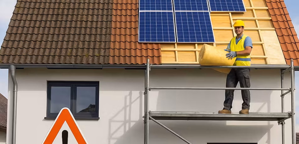 Einfamilienhaus mit teilsaniertem Dach – alte und neue Dachziegel, Solarpaneele, Bauarbeiter mit Dämmstoffrolle, KfW 2025 Schild