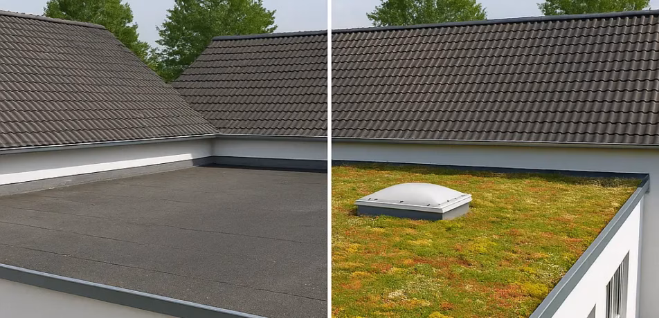 Vorher-Nachher Vergleich einer extensiven Dachbegrünung auf einem Flachdach in Troisdorf