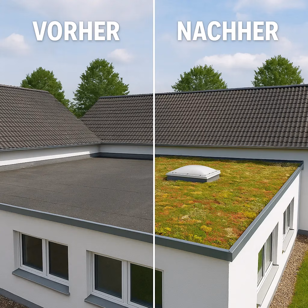 Vorher-Nachher Vergleich einer extensiven Dachbegrünung auf einem Flachdach in Troisdorf