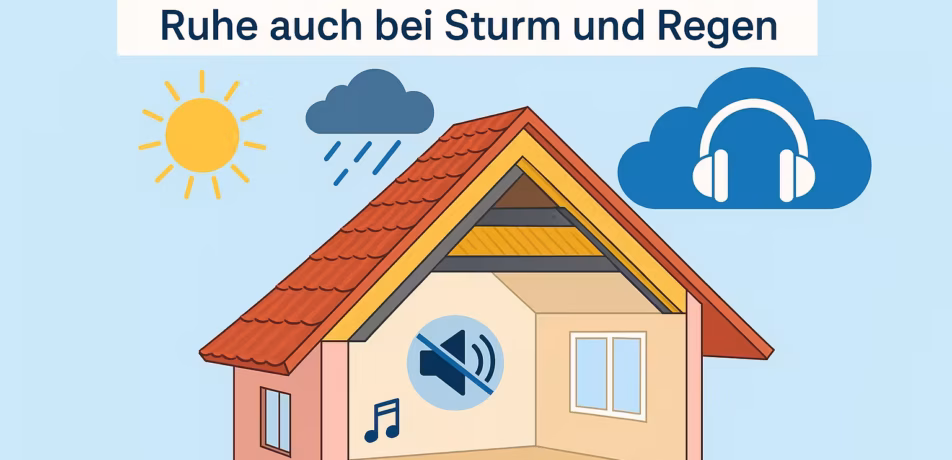 Illustration eines Hauses mit Schallschutz-Dach und Dämmmaterialien. Das Bild zeigt, wie moderne Dämmung für Ruhe auch bei Sturm und Regen sorgt.