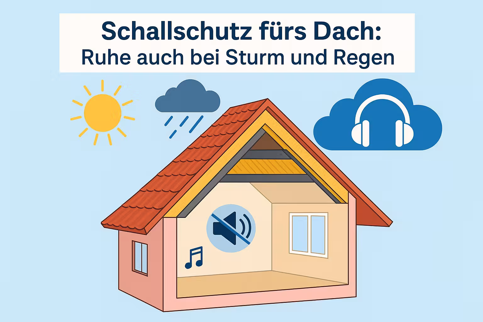 Illustration eines Hauses mit Schallschutz-Dach und Dämmmaterialien. Das Bild zeigt, wie moderne Dämmung für Ruhe auch bei Sturm und Regen sorgt.